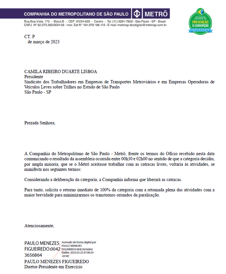 Documento em que o Metrô afirma que liberaria as catracas