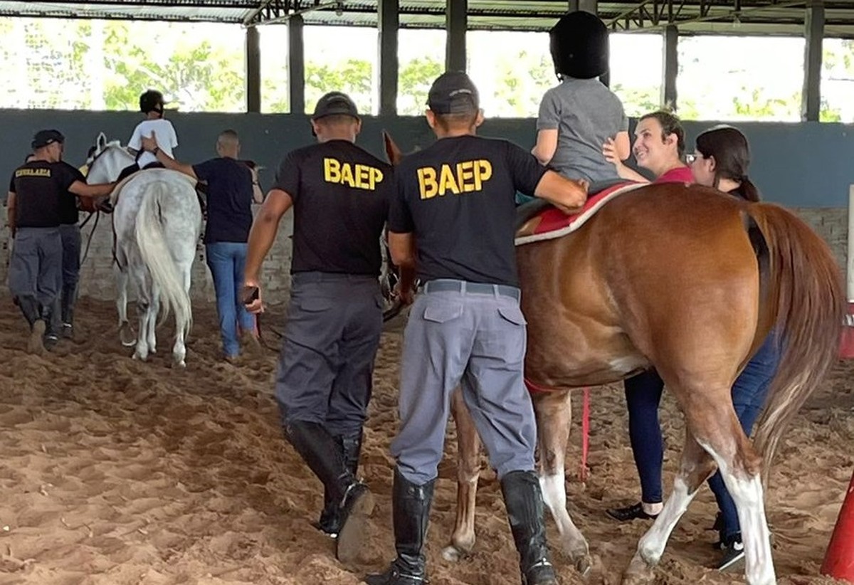 Projeto gratuito de equoterapia com a Cavalaria da Polícia Militar melhora qualidade de vida de crianças e jovens portadores de deficiências