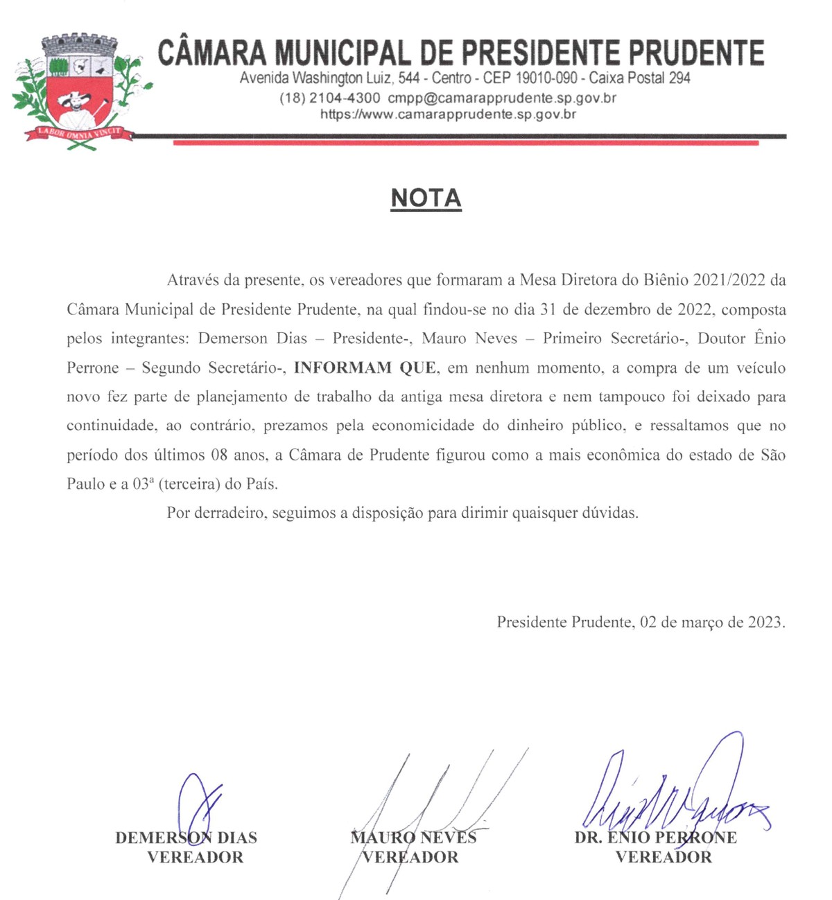 Vereadores que formaram a Mesa Diretora anterior da Câmara Municipal de Presidente Prudente desassociam-se de compra de carro 0km