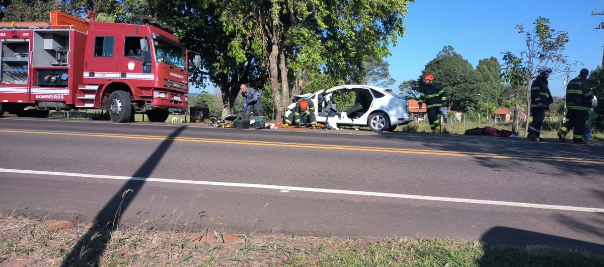 Casal fica ferido após carro bater em árvore na Rodovia Júlio Budiski, em Alfredo Marcondes