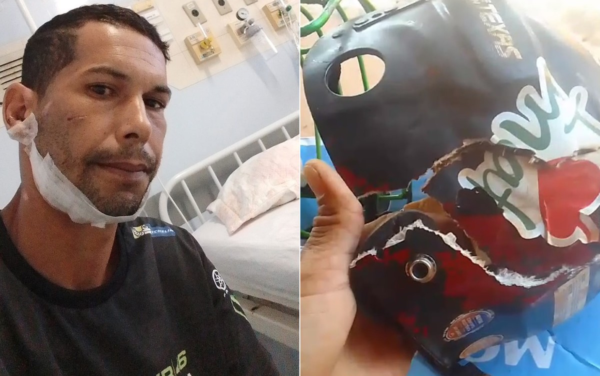 Após ter alta, peão pisoteado na cabeça por touro no rodeio de Barretos, SP, mostra capacete destruído