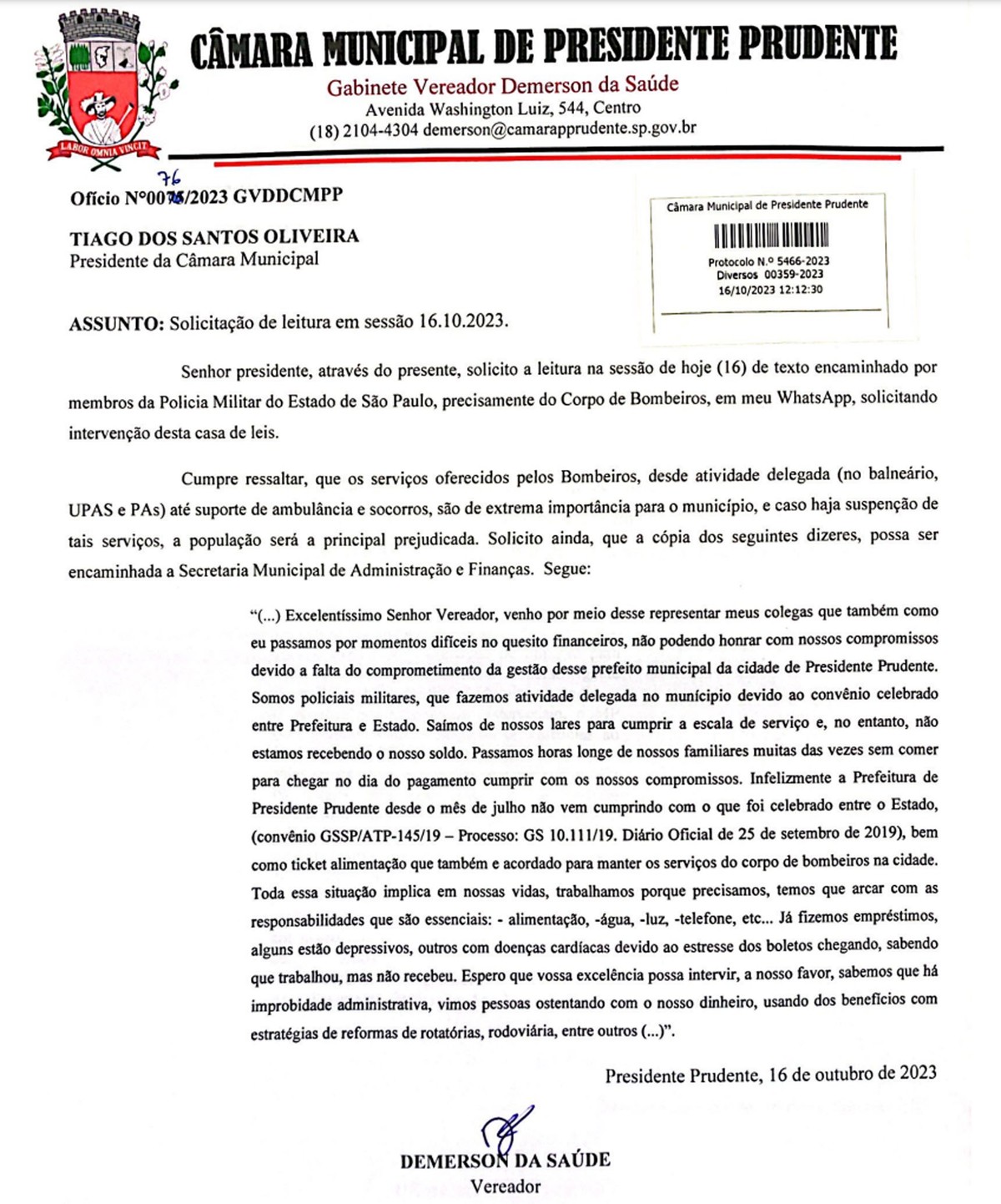 Documento protocolado na Câmara Municipal relata atraso no pagamento de serviços prestados pelo Corpo de Bombeiros em Presidente Prudente