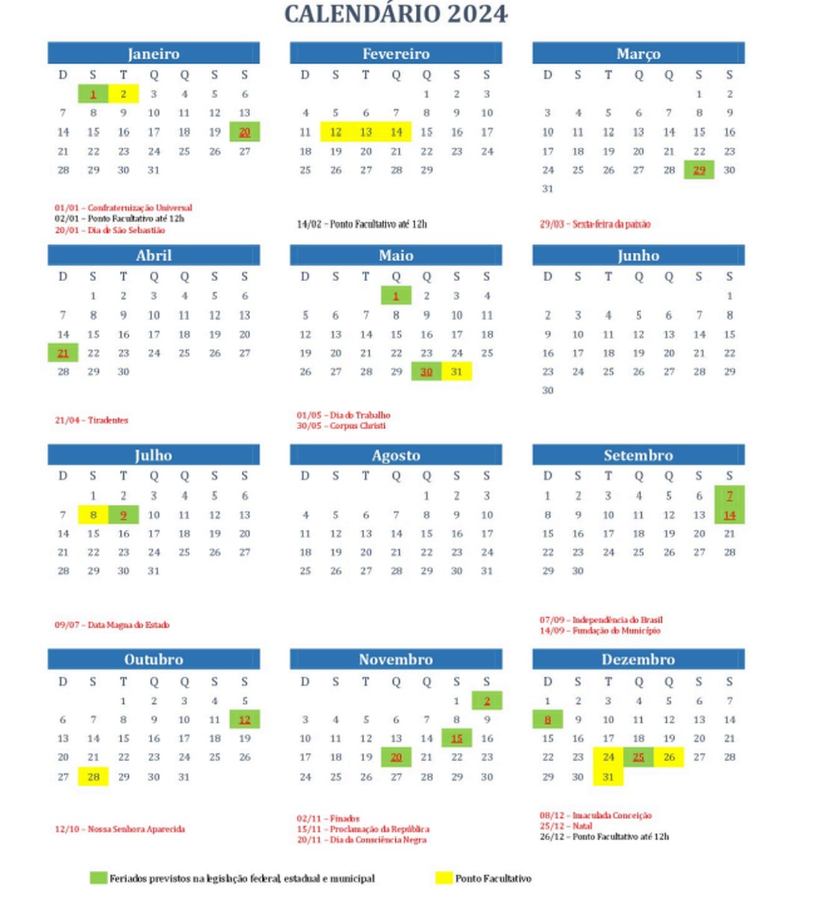 Presidente Prudente terá calendário com 25 feriados e pontos facultativos em 2024; VEJA A LISTA