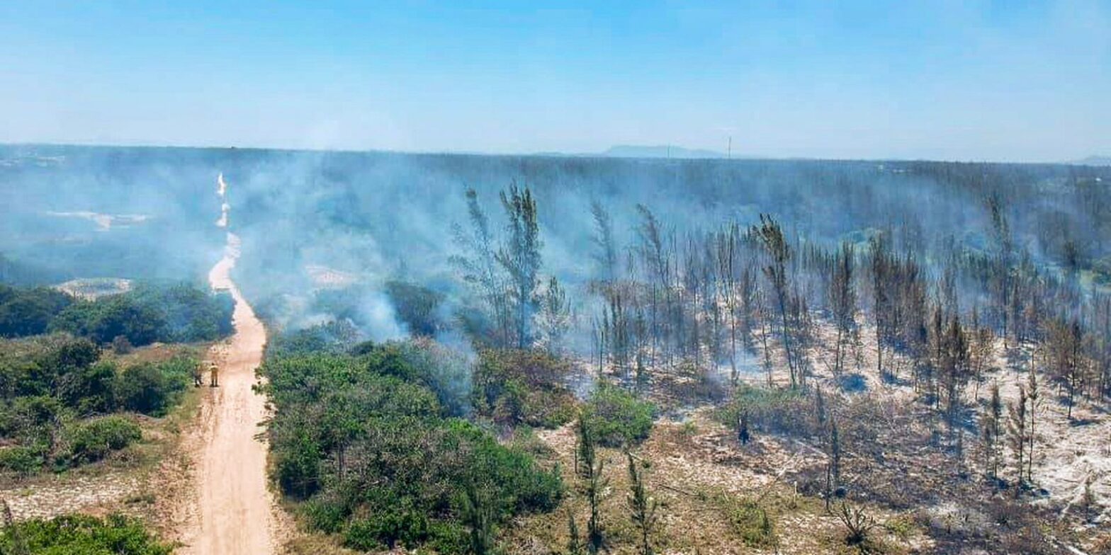Incêndio atinge parque natural em Arraial do Cabo, no Rio de Janeiro