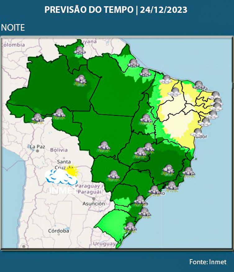 Brasília (DF) 23/12/2023 –  Noite de Natal pode ser chuvosa na maior parte do país
Arte Agência Brasil
