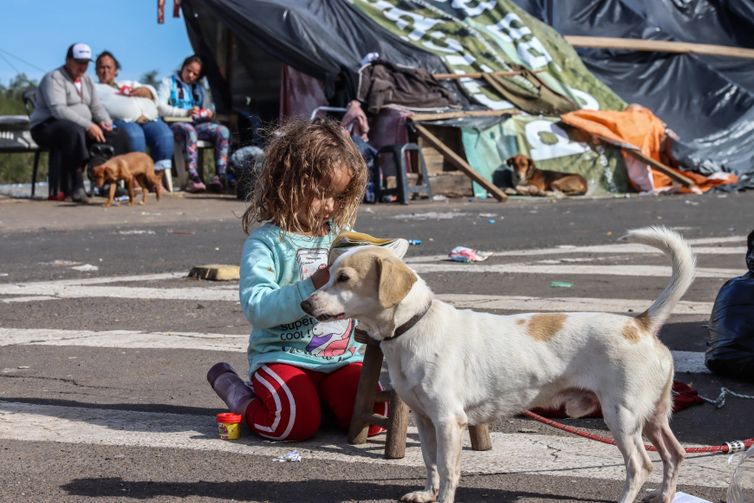 Porto Alegre (RS), 17/05/2024 – CHUVAS RS- DESABRIGADOS - Moradores desabrigados da Vila Santo André, divisa de Porto Alegre e Canoas, montam acampamento na rodovia,  esperando a água que invadiu suas casas baixe. - . Foto: Rafa Neddermeyer/Agência Brasil
