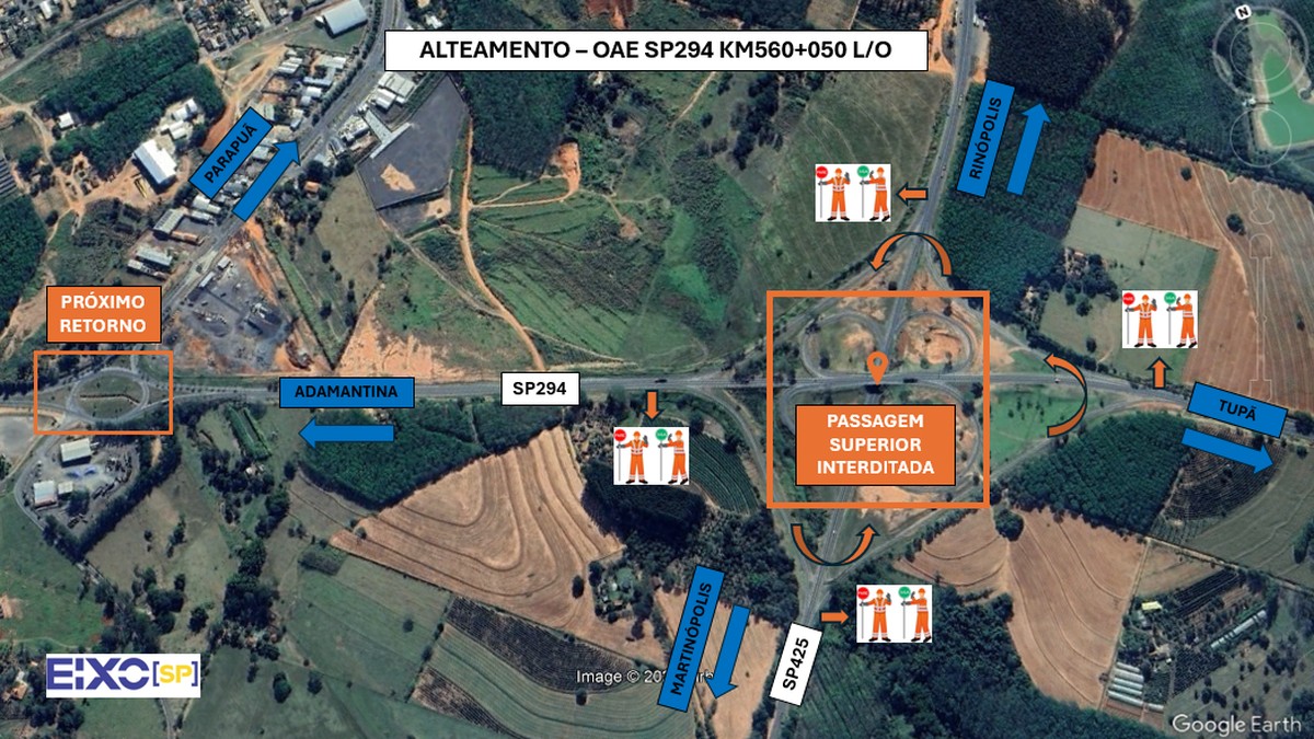 Elevação de estrutura fecha por até 10 dias viaduto no entroncamento da SP-294 e da SP-425 no trevo de Parapuã