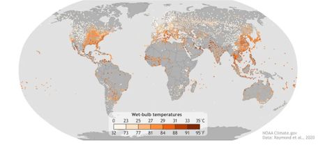 Brasília (DF), 24.07.2024 - Mapa mostra locais que experimentaram brevemente níveis extremos de calor e umidade de 1979 a 2017. Cores mais escuras mostram combinações mais severas de calor e umidade. Algumas áreas já experimentaram condições iguais ou próximas do limite de sobrevivência humana de 35°C (95°F). Foto: NOAA Climate.gov/Divulgação