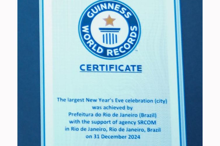 Rafael Catarcione/Prefeitura do Rio Rio de Janeiro (RJ), 30/12/2025 - Rio de Janeiro é reconhecido pelo GUINNESS WORLD RECORDS como o Maior Réveillon do Mundo. O título foi concedido após análise dos critérios estabelecidos pelo GUINNESS WORLD RECORDS. Foto: Rafael Catarcione/Prefeitura do Rio
